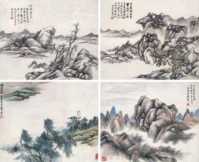 顾西津 空山白云图等（四幅） 镜心